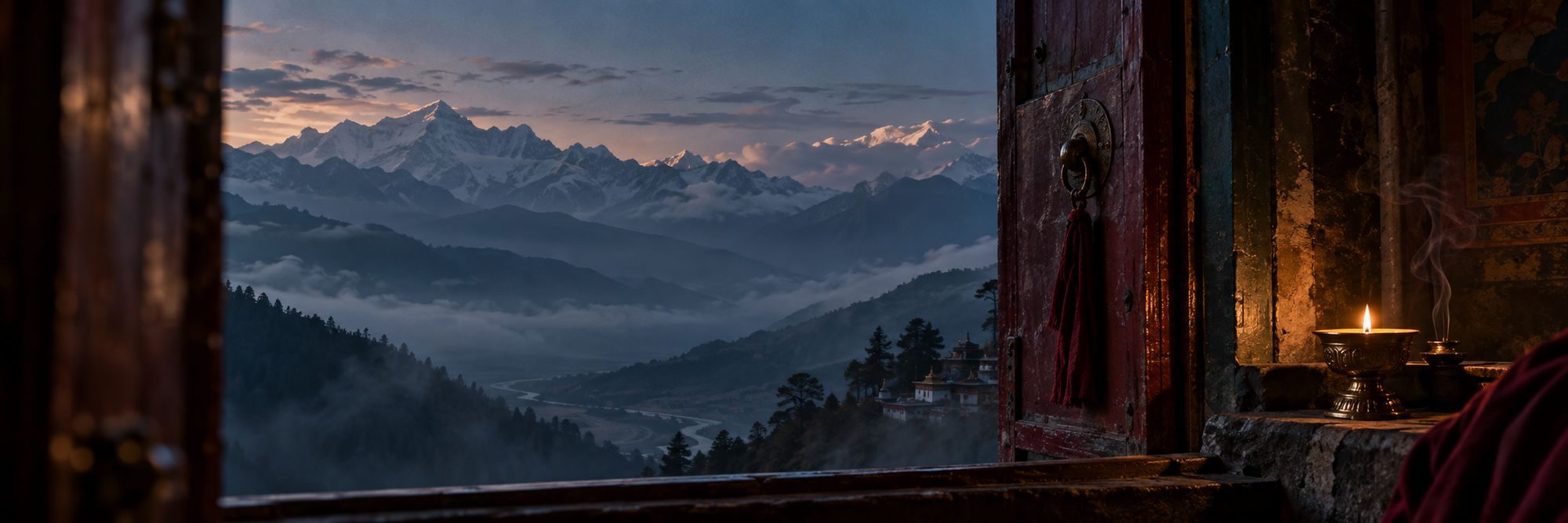 Himalayan peaks at dusk seen through a monastery window, a butter lamp glowing on the sill.